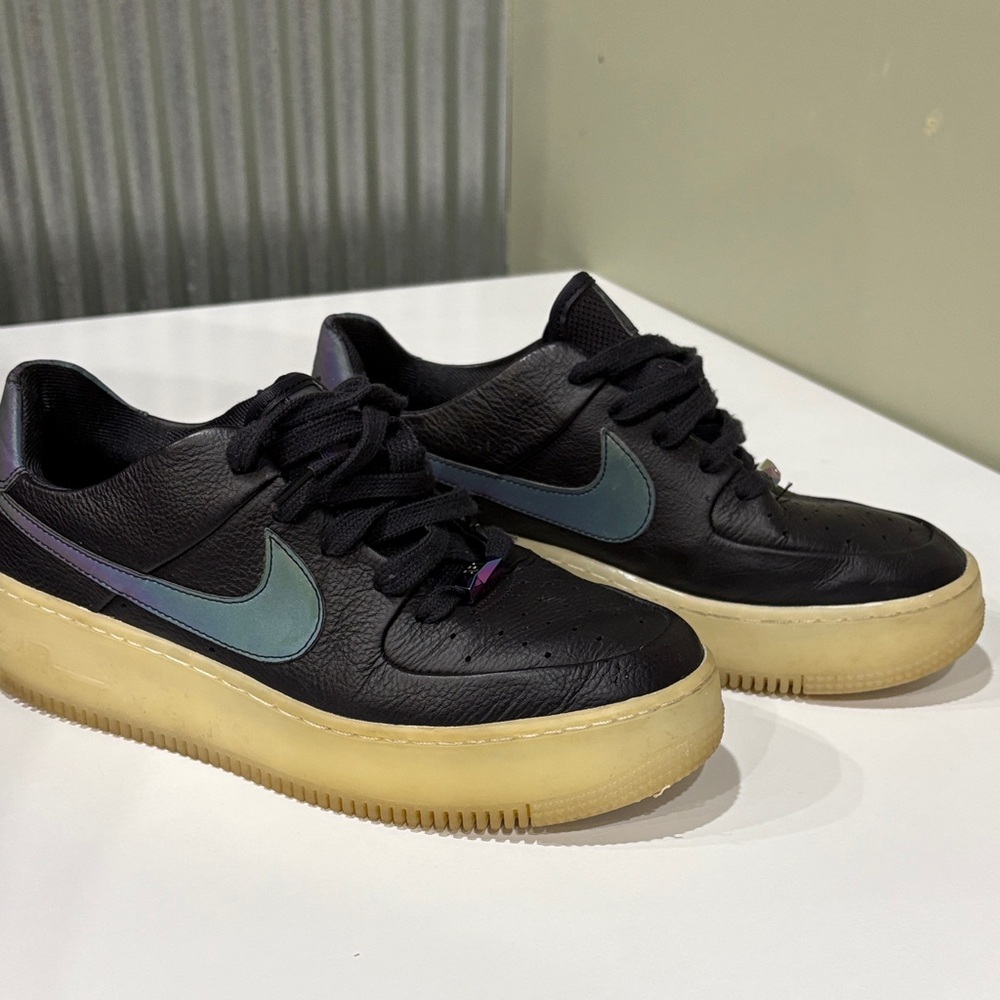 Nike Black Leather AF1  low sage LX  Iridescent Swoosh and Gum Sole US 9 Womans